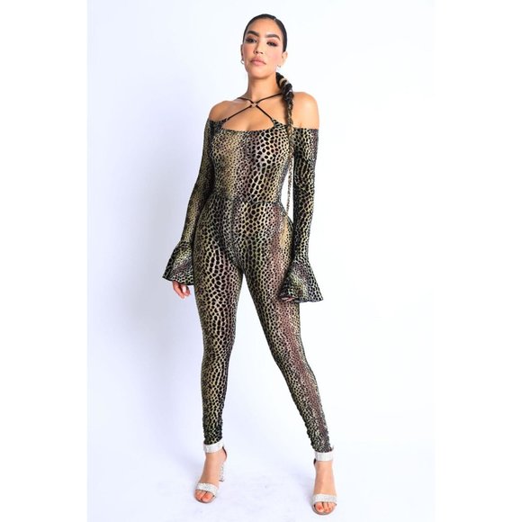 Women's Cheetah Flared Sleeve O-Ring Off Shoulder Jumpsuit Party Club Jumpsuit - Picture 10 of 10